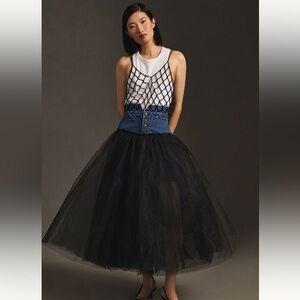 Anthropologie Pilcro Denim & Tulle Button up Skirt Midi Size 14 Large ANTHRO